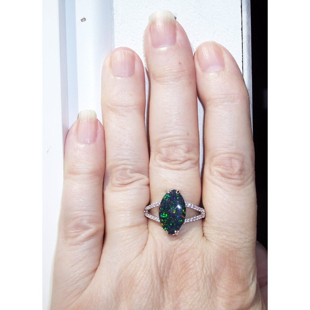 925 Sterling Silver Marquise Lab Created Green Black Opal CZ Ring - Picture 4 of 16